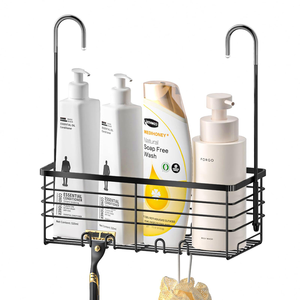 SHANSHUI Shower Hanging Caddy, Bathroom Shower Organizer Basket, Shampoo Bracket, Over Door Showers Rack with Hooks, 304 Stainless Steel Rustproof
