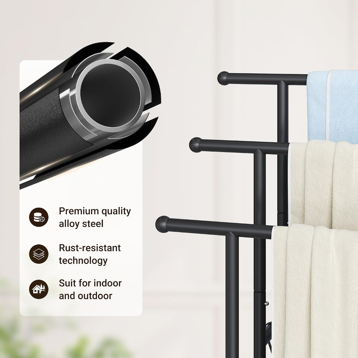 ELYKEN 3 Tier Freestanding Towel Rack with Shelf, 40" H Towel Stand, Black
