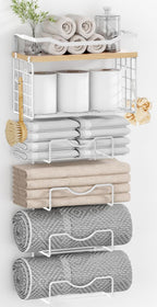 Towel Racks for Bathroom,Towel Rack Wall Mounted, 6 Tier Rolled Or Folded Towel Holder with Floating Shelves, Bathroom Towel Holder for Bath, Hand Towels,Metal and Wood