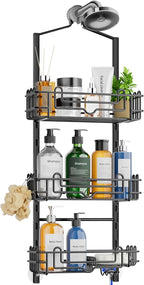 SWTYMIKI Shower Caddy Hanging Organizer - 3-Tier Rustproof Shower Organizer Over Showerhead with Adjustable Baskets, 24 Hooks, Soap & Razor Holder - No Drill Large Bathroom Storage Rack, Black