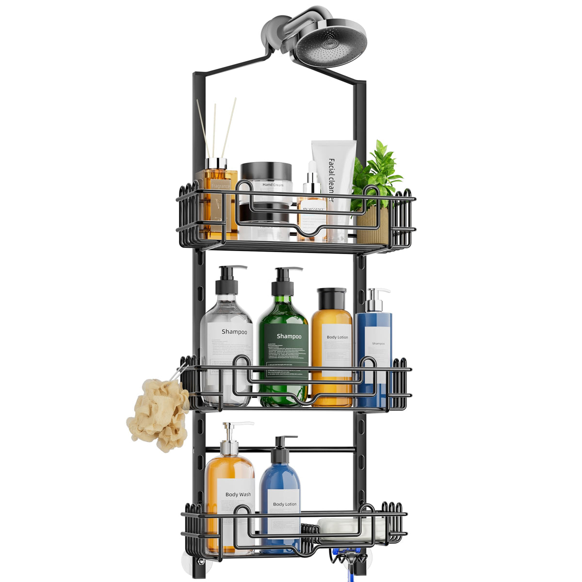 SWTYMIKI Shower Caddy Hanging Organizer - 3-Tier Rustproof Shower Organizer Over Showerhead with Adjustable Baskets, 24 Hooks, Soap & Razor Holder - No Drill Large Bathroom Storage Rack, Black