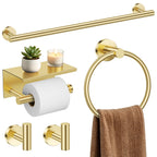TURS Brushed Gold 5 Piece Bathroom Hardware Set, SUS304 Stainless Steel 24 Inch Bath Towel Bar Set, Round Bathroom Accessories Kit Wall Mounted