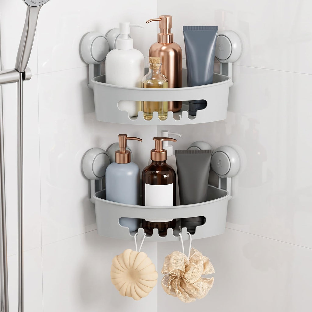 TAILI Corner Shower Caddy with Suction Cups, Wall Mounted Organizer Plastic Rack for Small Bathrooms, Kitchen, Removable Drill-Free Heavy Duty Shelf Basket, White
