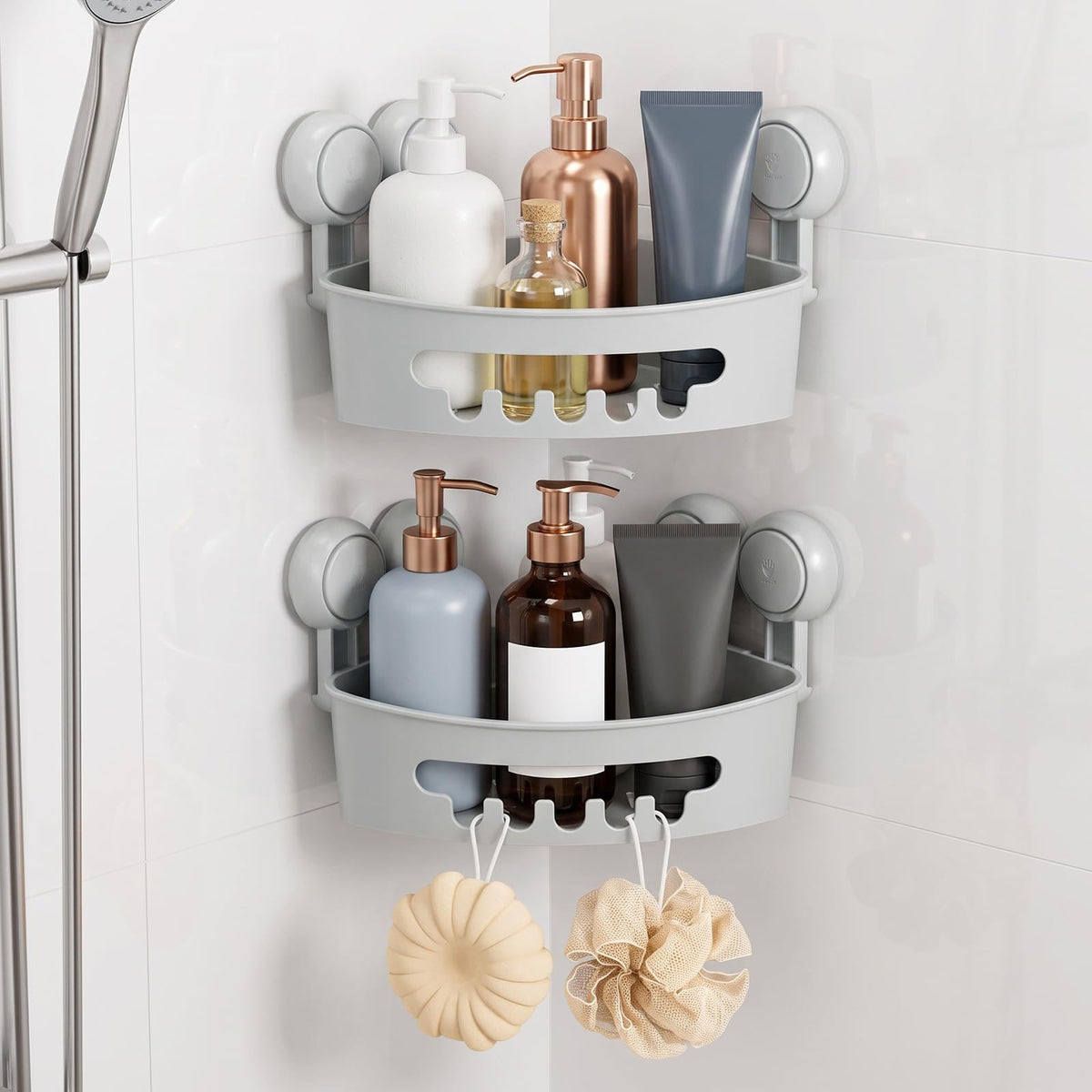 TAILI Corner Shower Caddy with Suction Cups, Wall Mounted Organizer Plastic Rack for Small Bathrooms, Kitchen, Removable Drill-Free Heavy Duty Shelf Basket, White