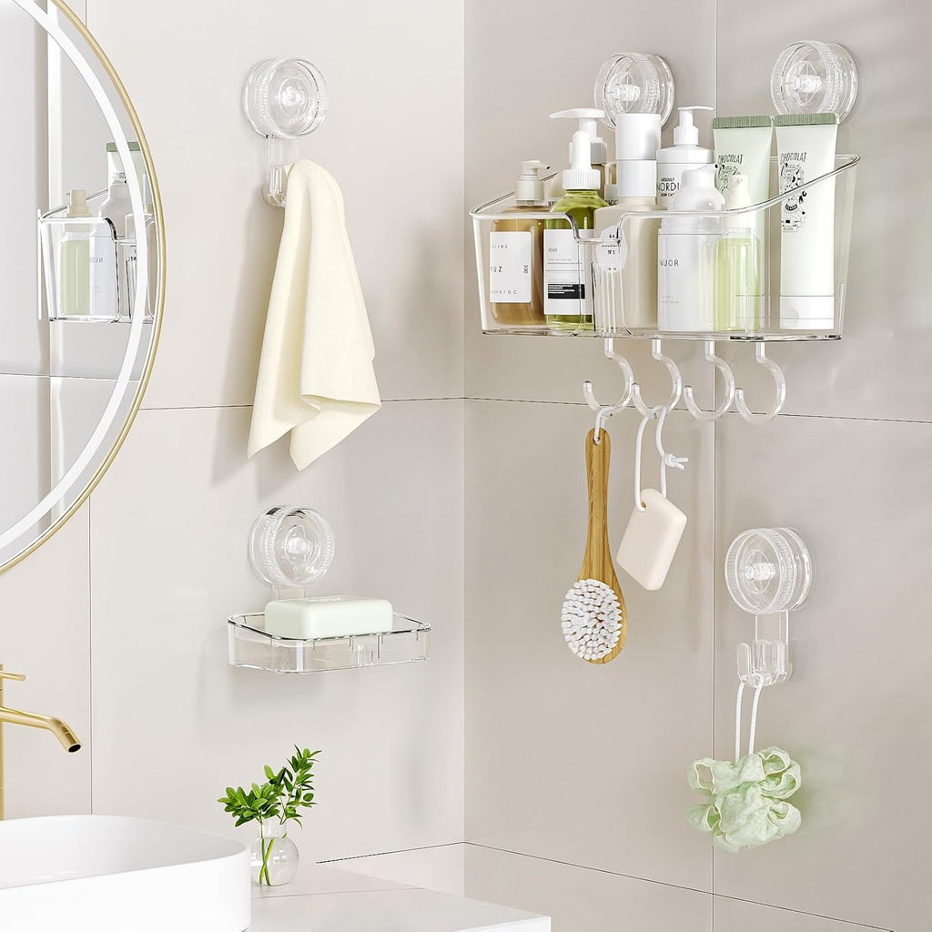 LUXEAR Shower Caddy Suction Cup, No Drilling Strong Hold Shower Organizer with Hooks & Soap Dish Fast Draining Removable Reusable Bathroom Storage Shelf Friendly for Bathroom/Kitchen/RV 22LBS Capacity