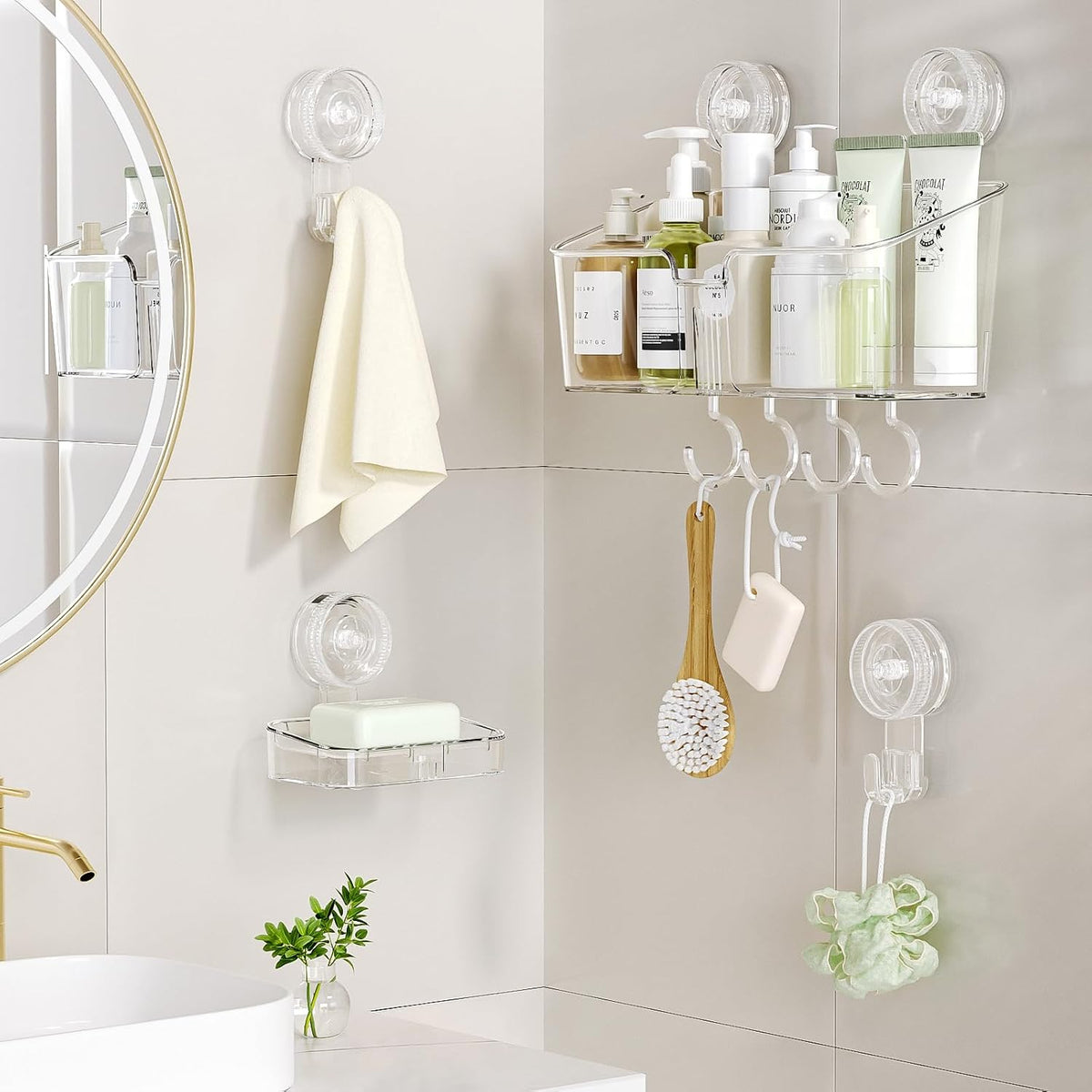 LUXEAR Shower Caddy Suction Cup, No Drilling Strong Hold Shower Organizer with Hooks & Soap Dish Fast Draining Removable Reusable Bathroom Storage Shelf Friendly for Bathroom/Kitchen/RV 22LBS Capacity