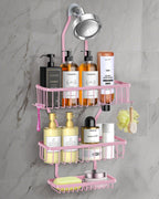 Shower Caddy Hanging - Never Rust Shower Hanging Organizer - Aluminum Over the ShowerHead Caddy with Soap Basket and 6 Hooks for Razor/Sponge (Black)