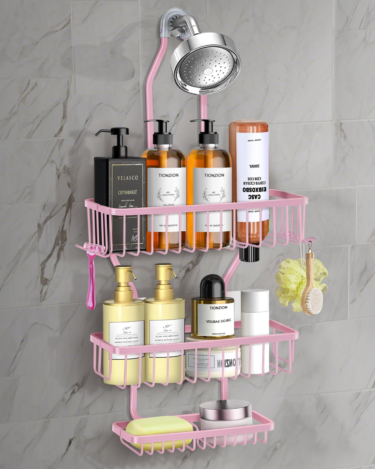 Shower Caddy Hanging - Never Rust Shower Hanging Organizer - Aluminum Over the ShowerHead Caddy with Soap Basket and 6 Hooks for Razor/Sponge (Black)