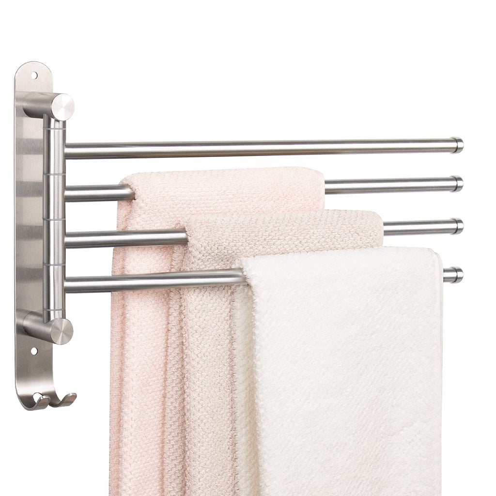 NearMoon Swivel Towel Rack, 13.8" Thicken 304 Stainless Steel 4-Arm Towel Bar, Space Saving Wall Mounted Towel Holder with Hook, Rustproof Swing Out Towel Hanger for Bathroom, Kitchen (Matte Black)