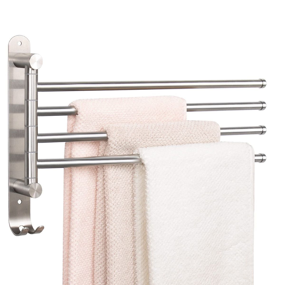 NearMoon Swivel Towel Rack, 13.8" Thicken 304 Stainless Steel 4-Arm Towel Bar, Space Saving Wall Mounted Towel Holder with Hook, Rustproof Swing Out Towel Hanger for Bathroom, Kitchen (Matte Black)