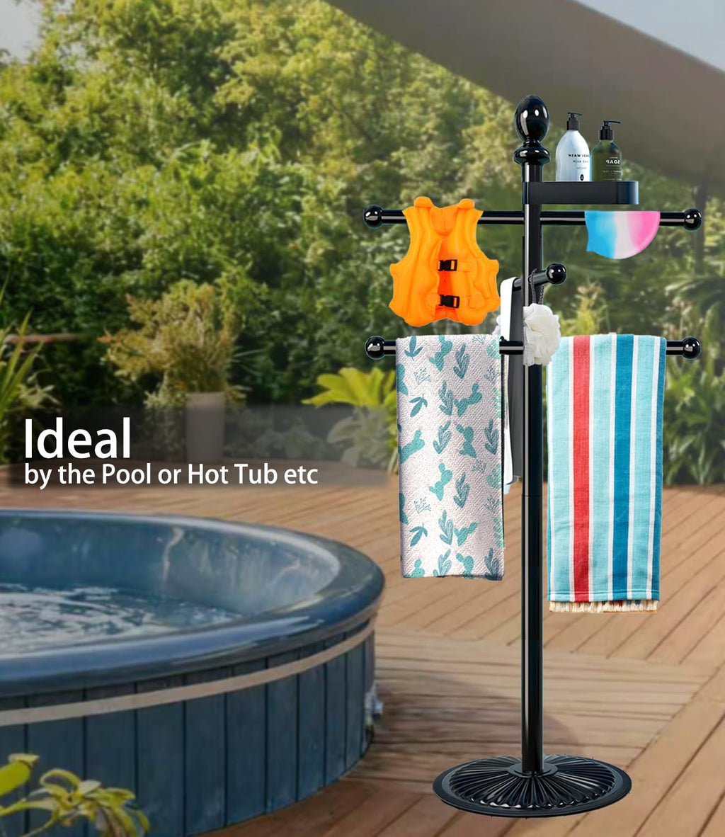 Pool Outdoor Towel Rack, 6 Bars with Top Tray Metal Heavy Duty Pool Accessories with Heavy Metal Base, Hot Tub Accessories Towel Dying Rack Towel Stand for Pool, Hot Tub etc