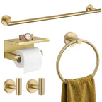 TURS Brushed Gold 5 Piece Bathroom Hardware Set, SUS304 Stainless Steel 24 Inch Bath Towel Bar Set, Round Bathroom Accessories Kit Wall Mounted