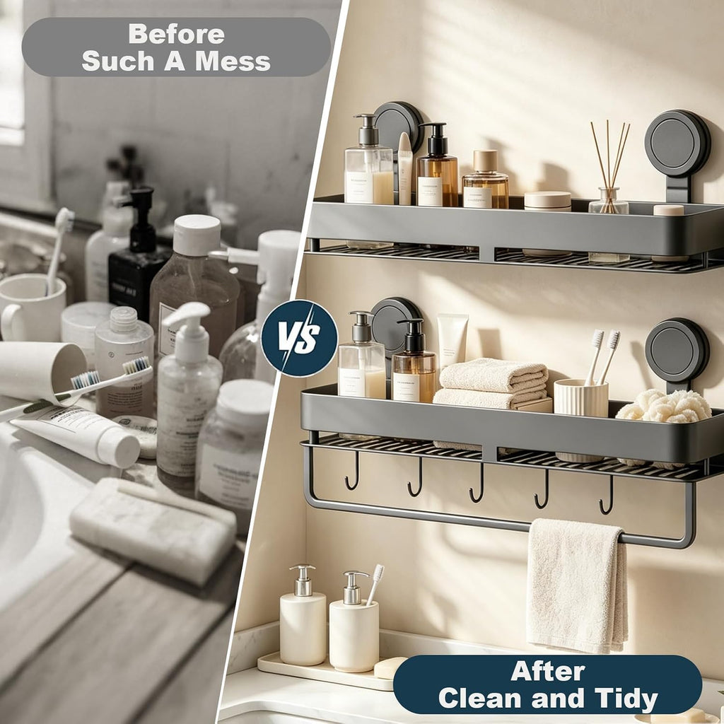 Shower Caddy Suction Cup 2 Pack with Hooks & Towel Rack, No Drilling