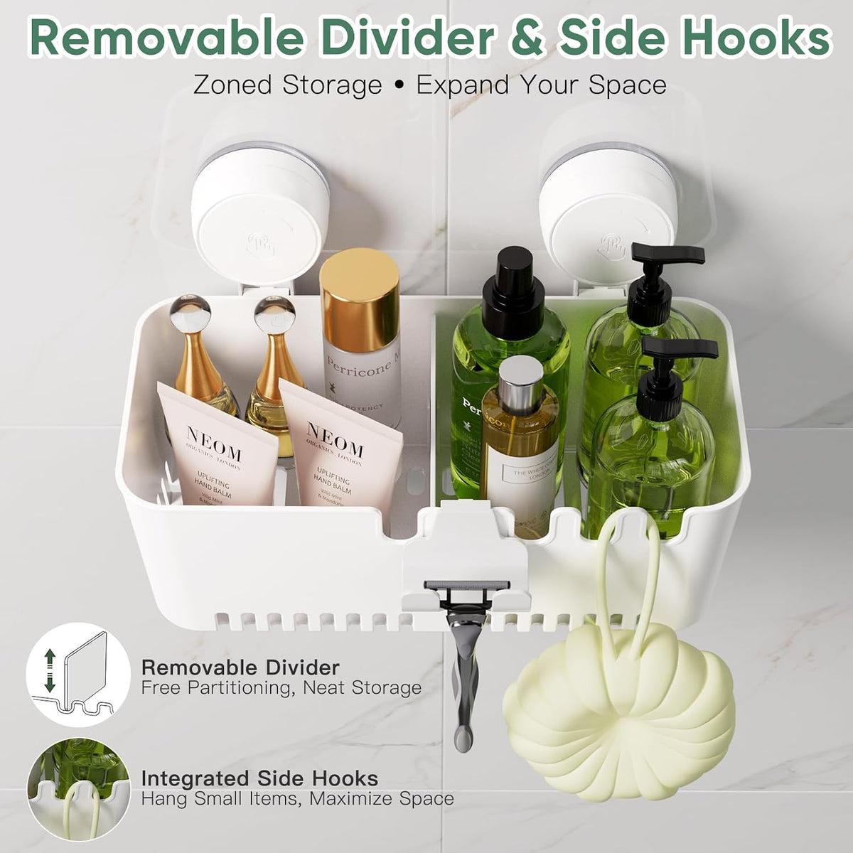LUXEAR Shower Caddy Suction Cup NO-Drilling Removable Shower Shelf Powerful Heavy Duty Hold up to 22lbs, Waterproof Storage Basket for Shampoo & Toiletries Bathroom & Kitchen Caddy Organizer