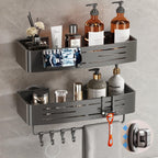 Voldra Corner Shower Caddy Suction Cup, Corner Shower Shelves No Drilling, Aluminum Upgrade Suction Cup Shower Organizer with Towel Bar & Hooks Removable Bathroom Storage Rack(2 Pack, Matte Gray)