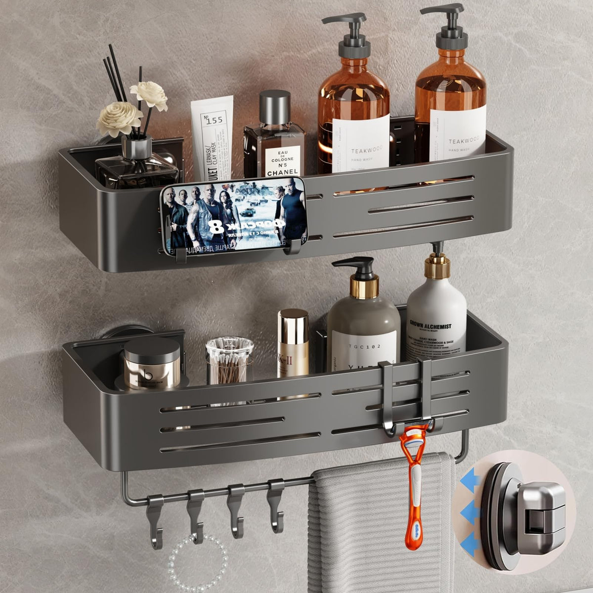 Voldra Corner Shower Caddy Suction Cup, Corner Shower Shelves No Drilling, Aluminum Upgrade Suction Cup Shower Organizer with Towel Bar & Hooks Removable Bathroom Storage Rack(2 Pack, Matte Gray)