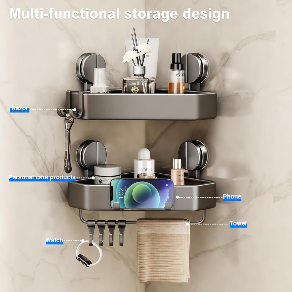 Mustorn Suction Cup Shower Caddy Corner, 1 Pack Suction Corner Shower Shelves No Drilling, Rustproof Shower Organizer Suction Cup with Towel Holder & Hooks Removable Bathroom Storage Rack(Gray)