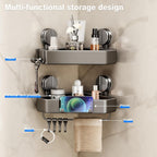 Mustorn Suction Cup Shower Caddy Corner, 1 Pack Suction Corner Shower Shelves No Drilling, Rustproof Shower Organizer Suction Cup with Towel Holder & Hooks Removable Bathroom Storage Rack(Gray)