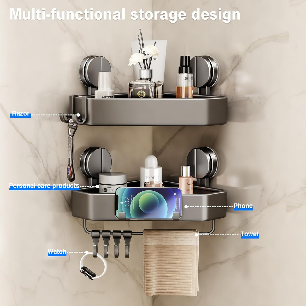 Mustorn Suction Cup Shower Caddy Corner, 1 Pack Suction Corner Shower Shelves No Drilling, Rustproof Shower Organizer Suction Cup with Towel Holder & Hooks Removable Bathroom Storage Rack(Gray)