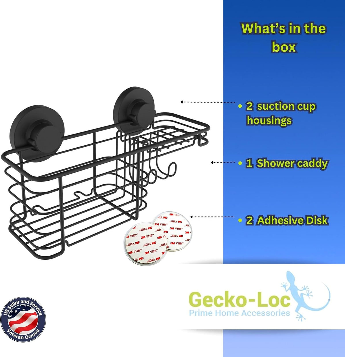 Gecko-Loc Large Combo suction cup wall mount bathroom shower caddy - shampoo storage basket shelf organizer caddie bath shelves - Black