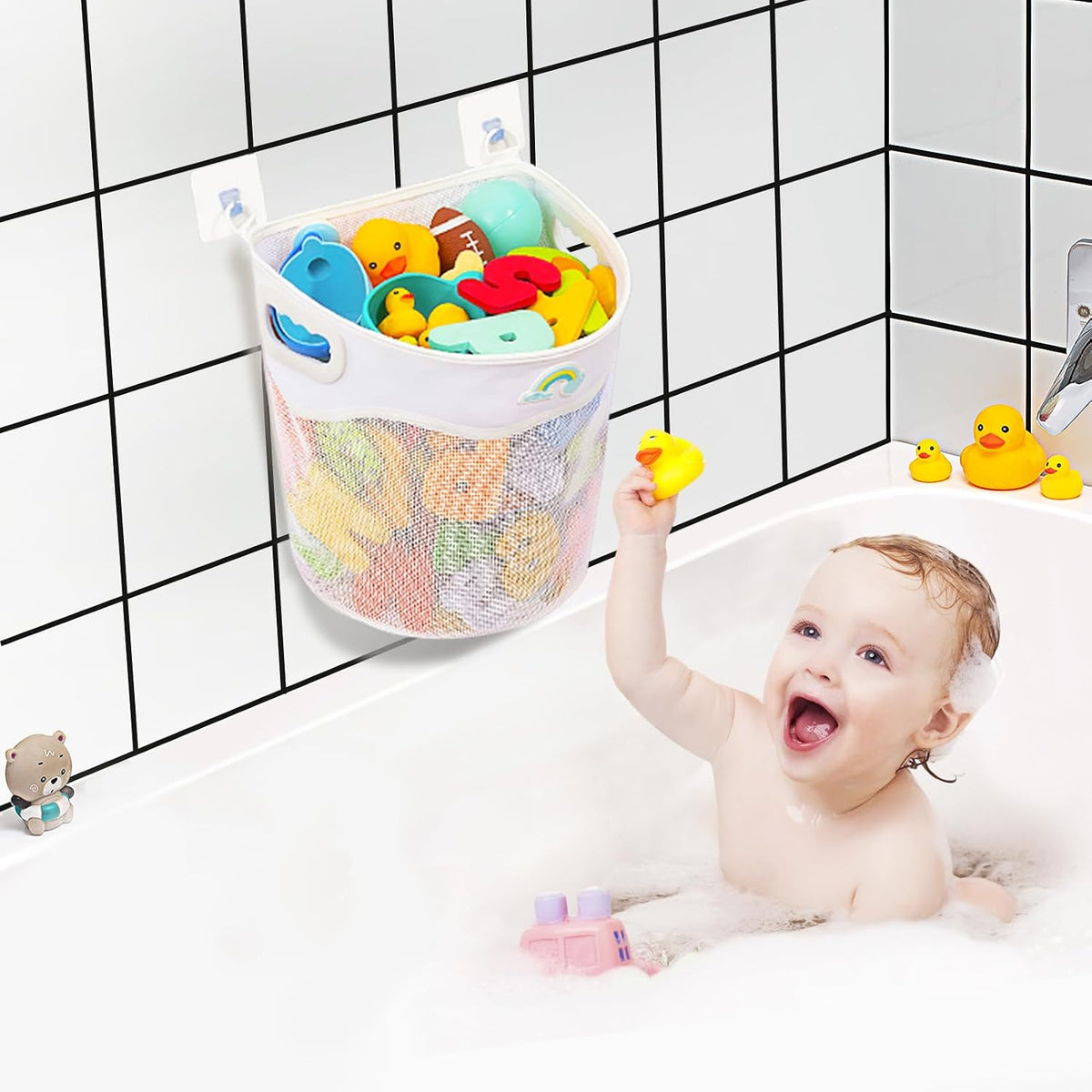 Austion Quick-Fetch Way Mesh Bath Toy Holder, Wide Opening and Large Capacity Bath tub Toy Storage for Easy Access to Toys, Space-Saving Wall-Mounted Bath Toy Organizer, Quick Dry Bathtub Toy Holder