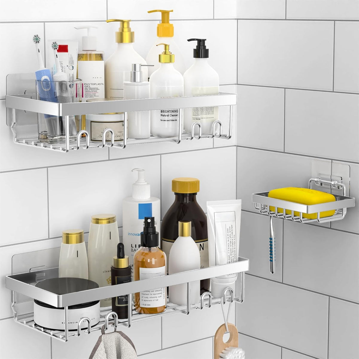 Moforoco 3-Pack Shower Caddy Basket Shelf with Soap Holder, No Drilling Traceless Adhesive Shower Wall Shelves, Rustproof Black Bathroom Shower Storage Organizer