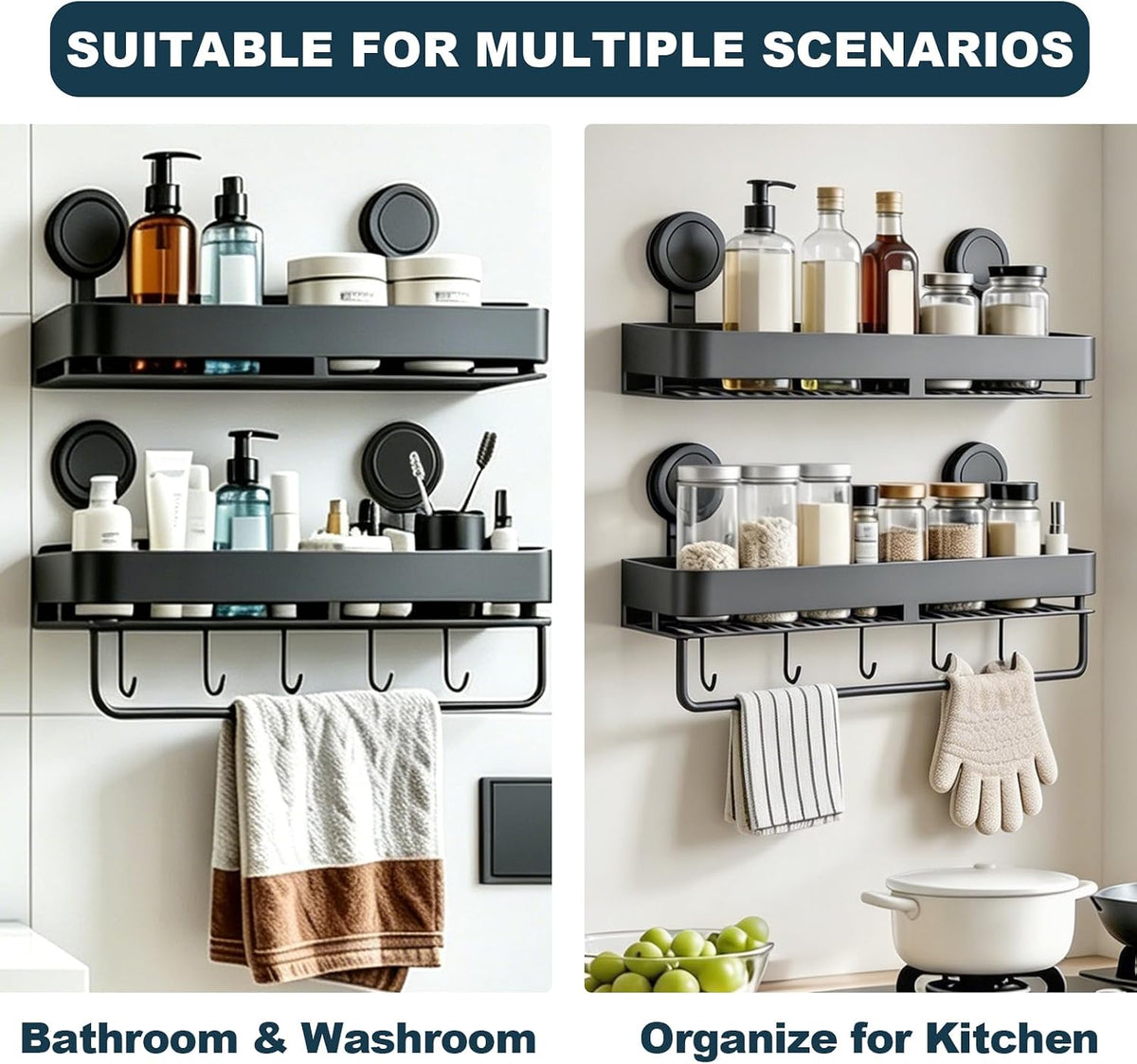 Shower Caddy Suction Cup 2 Pack with Hooks & Towel Rack, No Drilling