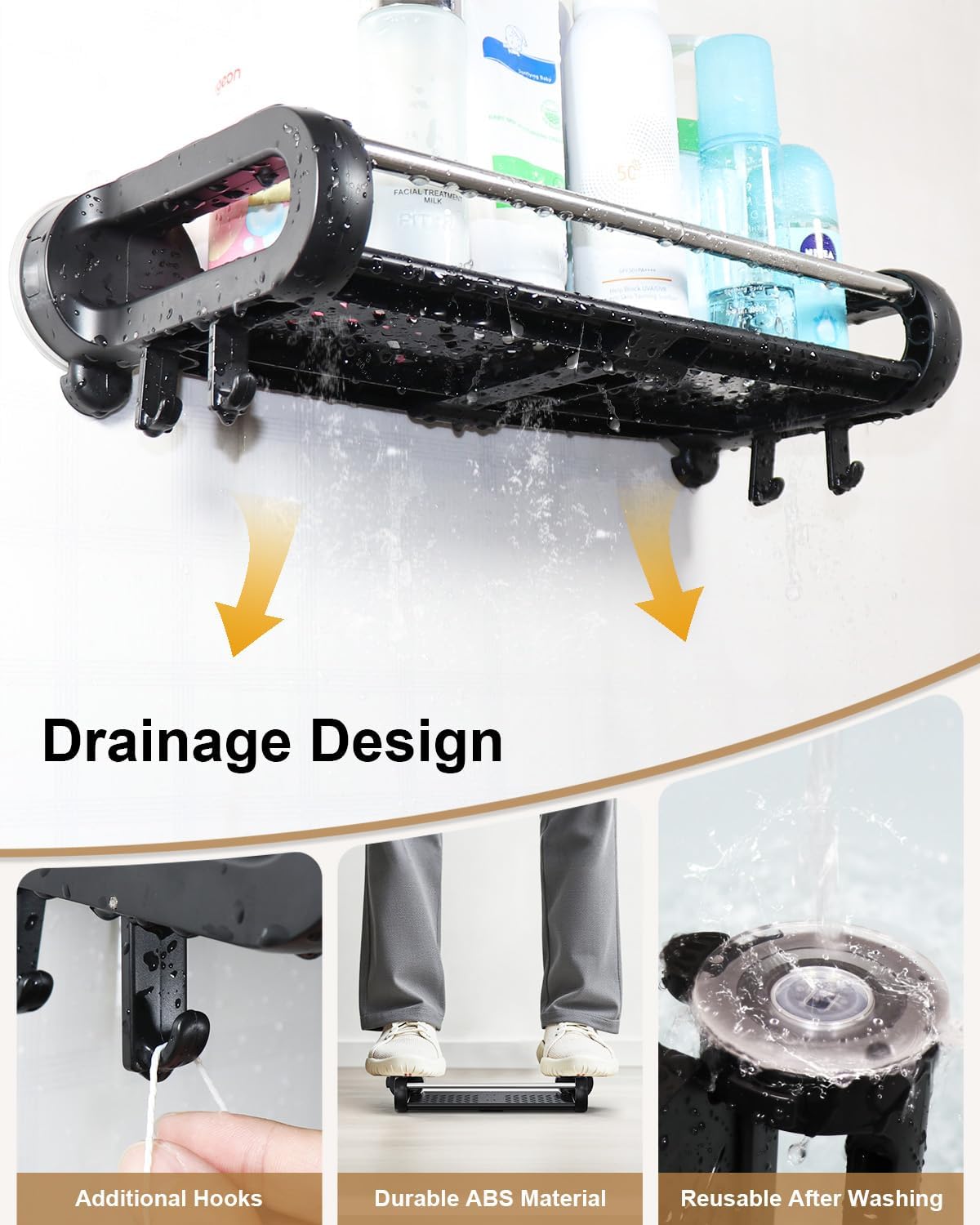 JOTPE Suction Cup Shower Shelf, Removable, Holds 22lbs, No Drilling, Black