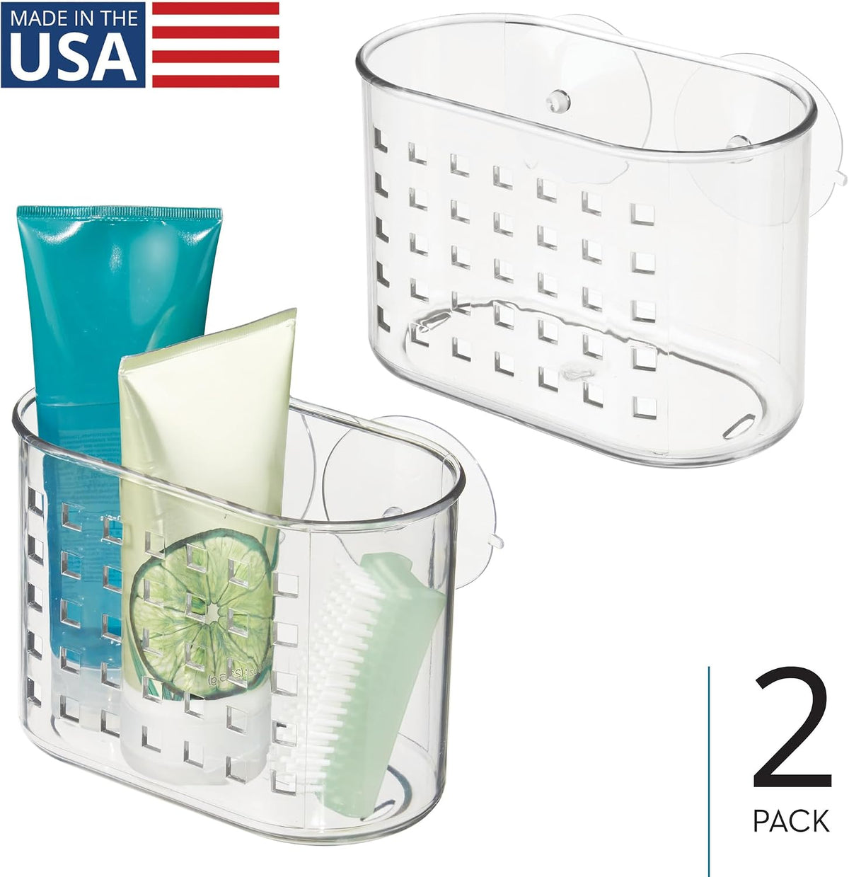 iDesign Small Suction Shower Basket for Bathroom Storage - Set of 2 - Clear - Made in USA