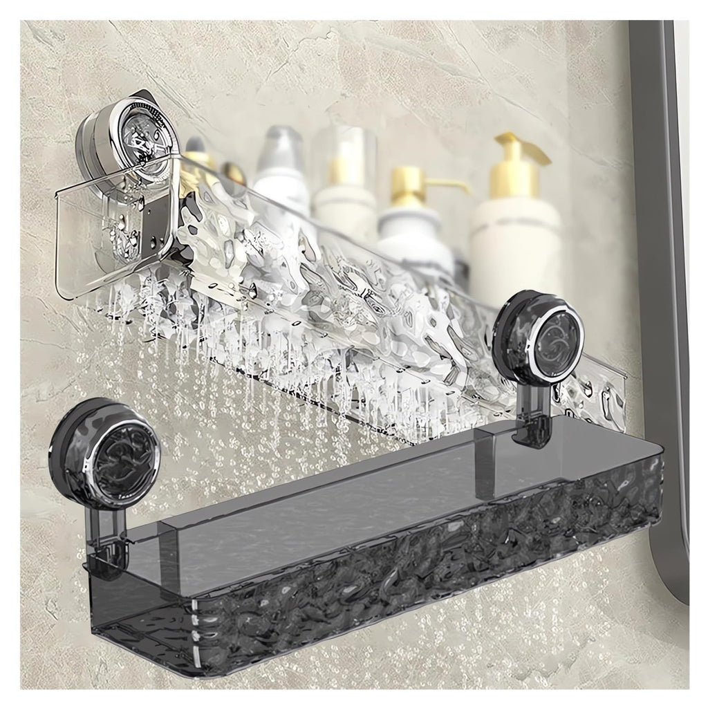 Corrugated Suction Cup Storage Holder Corner Shower Caddy Large Organizer Bathroom Shelf Clear Acrylic Shower Tray Shelves Inside Floating Shower Wall Shelf Bath Basket Rack Heavy Duty (Corner-Grey)
