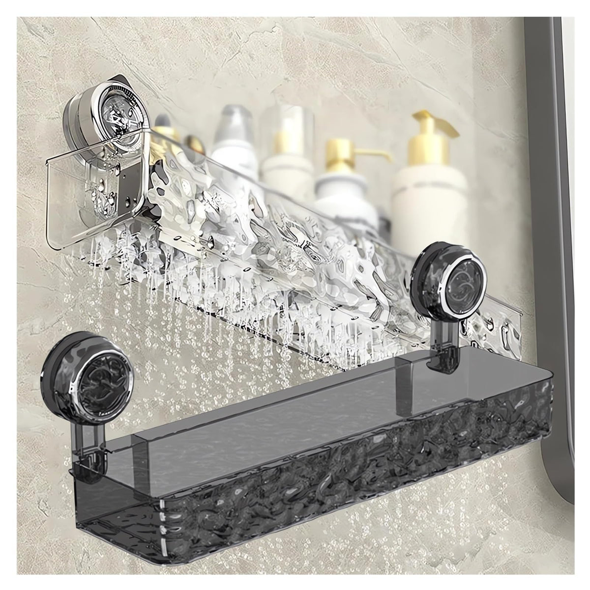 Corrugated Suction Cup Storage Holder Corner Shower Caddy Large Organizer Bathroom Shelf Clear Acrylic Shower Tray Shelves Inside Floating Shower Wall Shelf Bath Basket Rack Heavy Duty (Corner-Grey)
