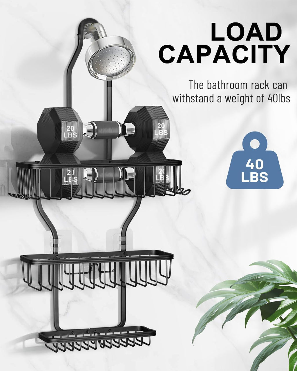 Shower Caddy Hanging - Never Rust Shower Hanging Organizer - Aluminum Over the ShowerHead Caddy with Soap Basket and 6 Hooks for Razor/Sponge (Black)