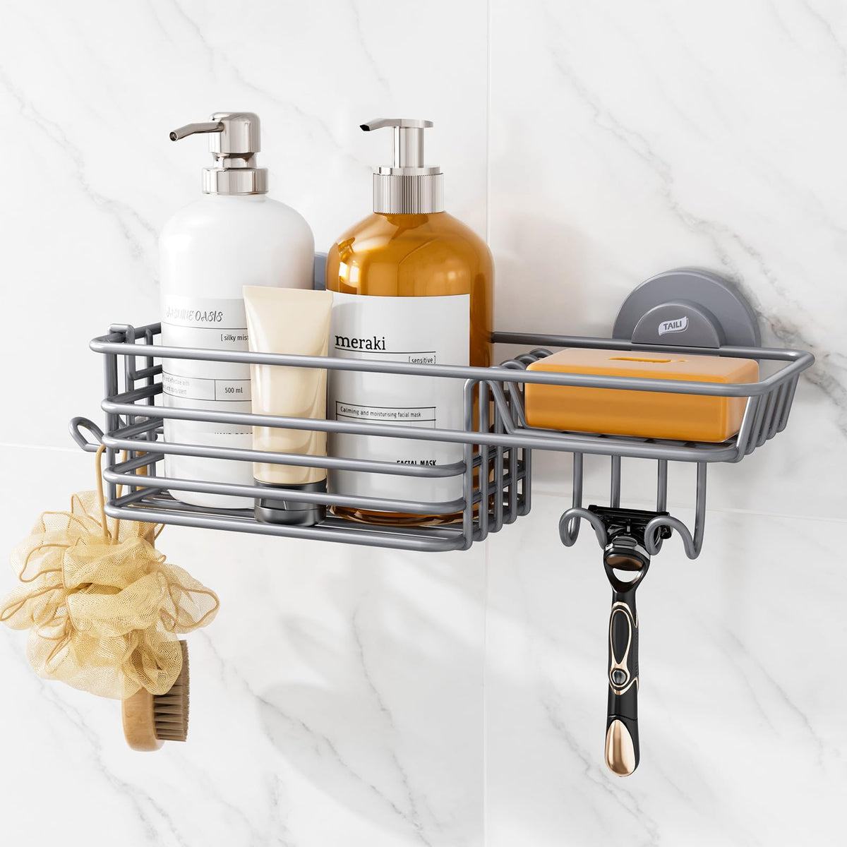 TAILI Shower Caddy Suction Cup 2 Pack with Hooks and Soap Holder, Silver