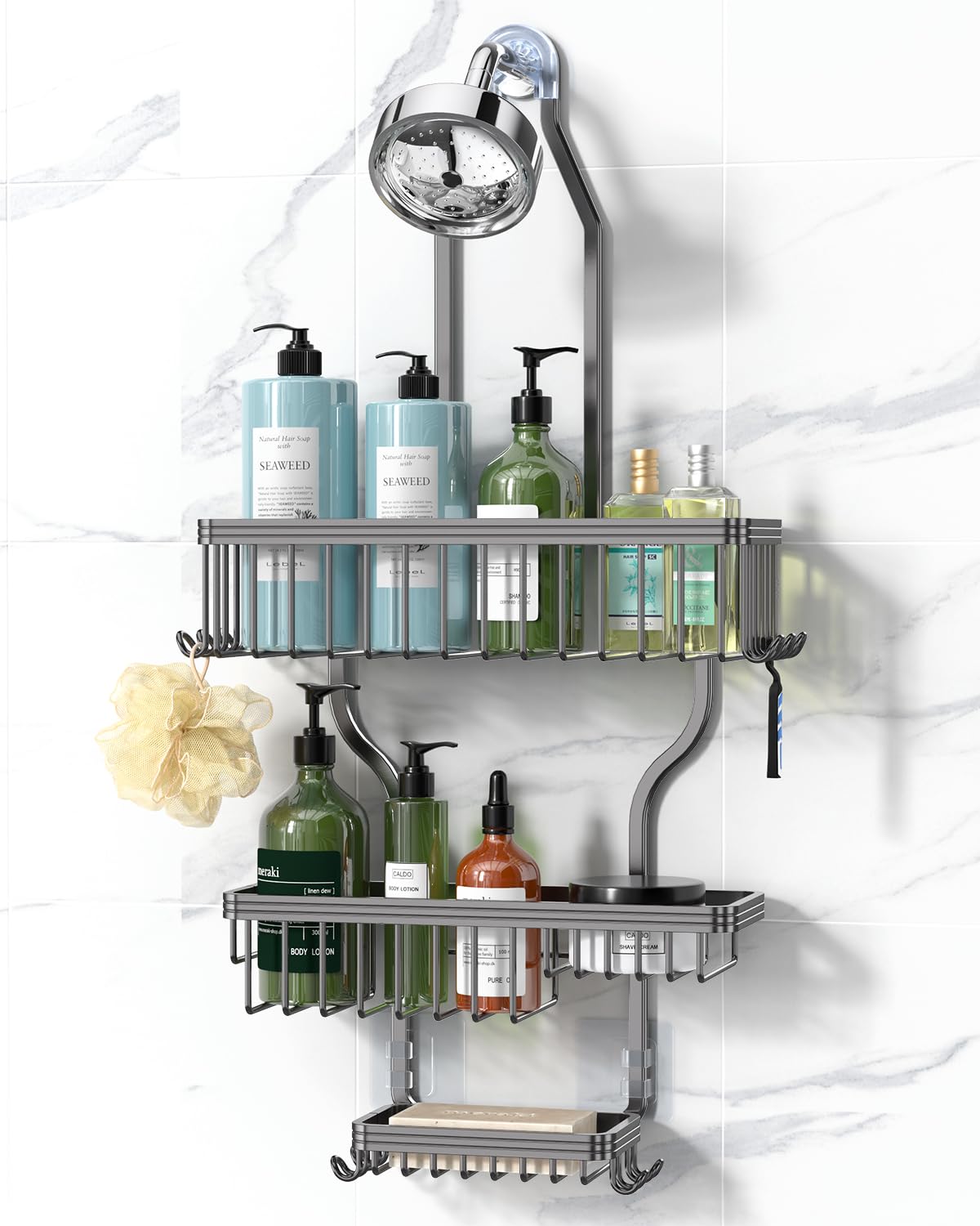 YASONIC Never Rust Shower Caddy Hanging, Aluminum Shower Racks for Inside Shower, 3-Tier Shower Organizer Hanging Over Shower Head with Hooks and Soap Holder, Silver