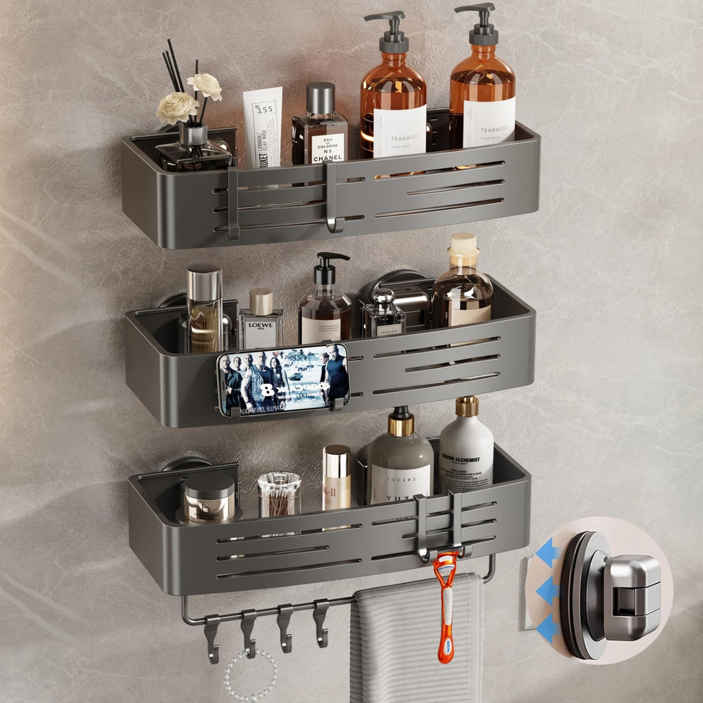 Voldra Corner Shower Caddy Suction Cup, Corner Shower Shelves No Drilling, Aluminum Upgrade Suction Cup Shower Organizer with Towel Bar & Hooks Removable Bathroom Storage Rack(2 Pack, Matte Gray)