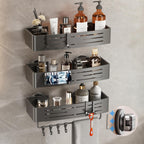 Voldra Corner Shower Caddy Suction Cup, Corner Shower Shelves No Drilling, Aluminum Upgrade Suction Cup Shower Organizer with Towel Bar & Hooks Removable Bathroom Storage Rack(2 Pack, Matte Gray)
