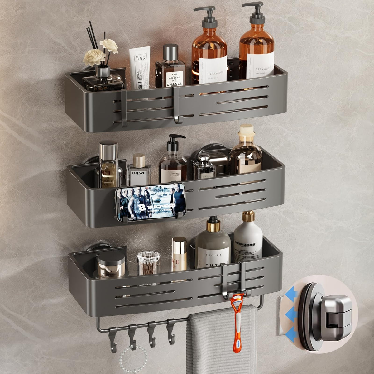 Voldra Corner Shower Caddy Suction Cup, Corner Shower Shelves No Drilling, Aluminum Upgrade Suction Cup Shower Organizer with Towel Bar & Hooks Removable Bathroom Storage Rack(2 Pack, Matte Gray)