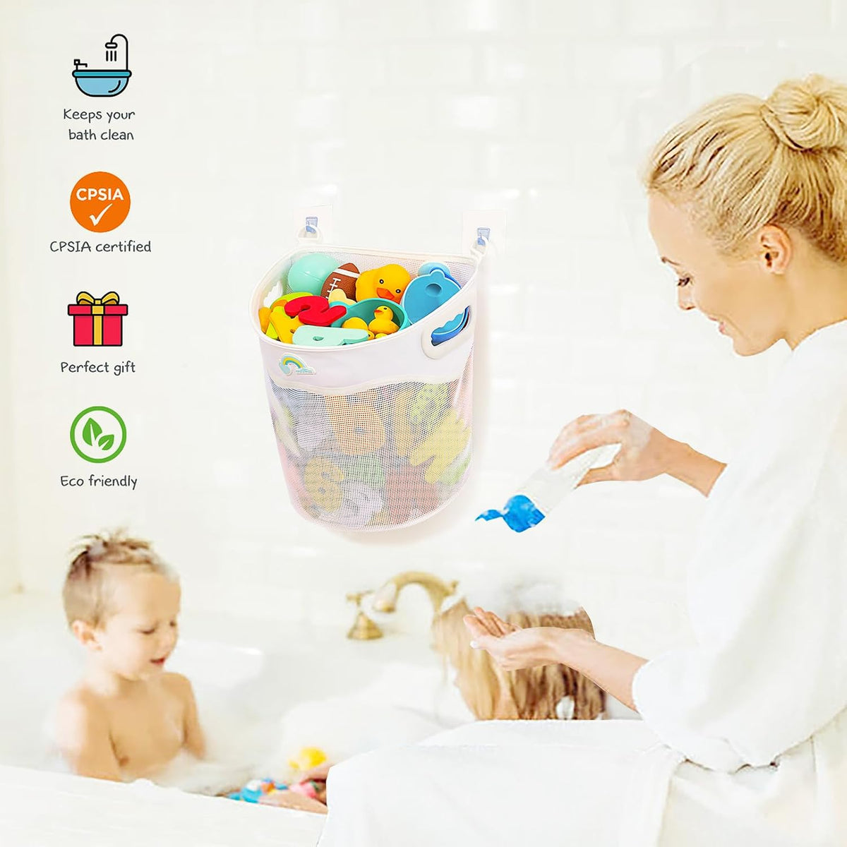 Austion Quick-Fetch Way Mesh Bath Toy Holder, Wide Opening and Large Capacity Bath tub Toy Storage for Easy Access to Toys, Space-Saving Wall-Mounted Bath Toy Organizer, Quick Dry Bathtub Toy Holder