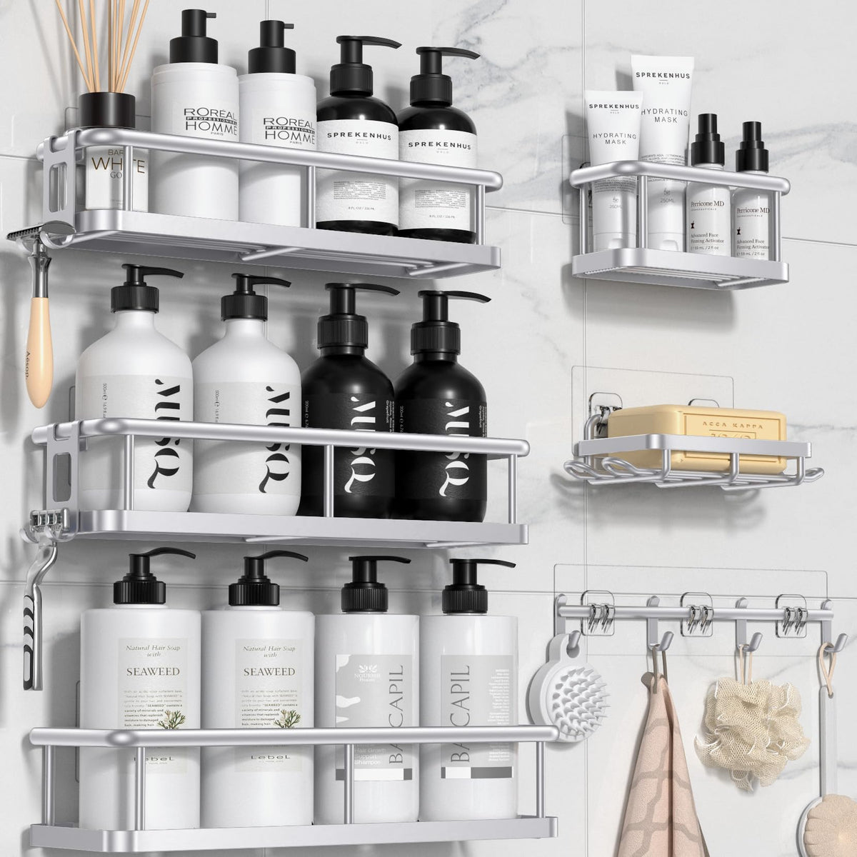 YASONIC Shower Caddy Adhesive, Rustproof Shower Organizer with Soap Holder, Large Capacity Shower Shelves for Inside Shower, No Drilling Bathroom Organizers and Storage for Home Decor 6 Pack Black