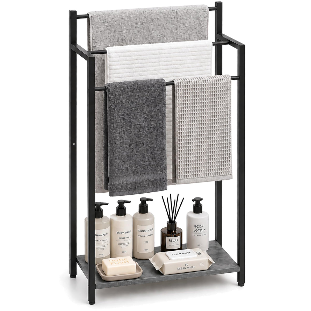 16.9" W Freestanding Towel Rack with Rustic Brown Wood Shelf