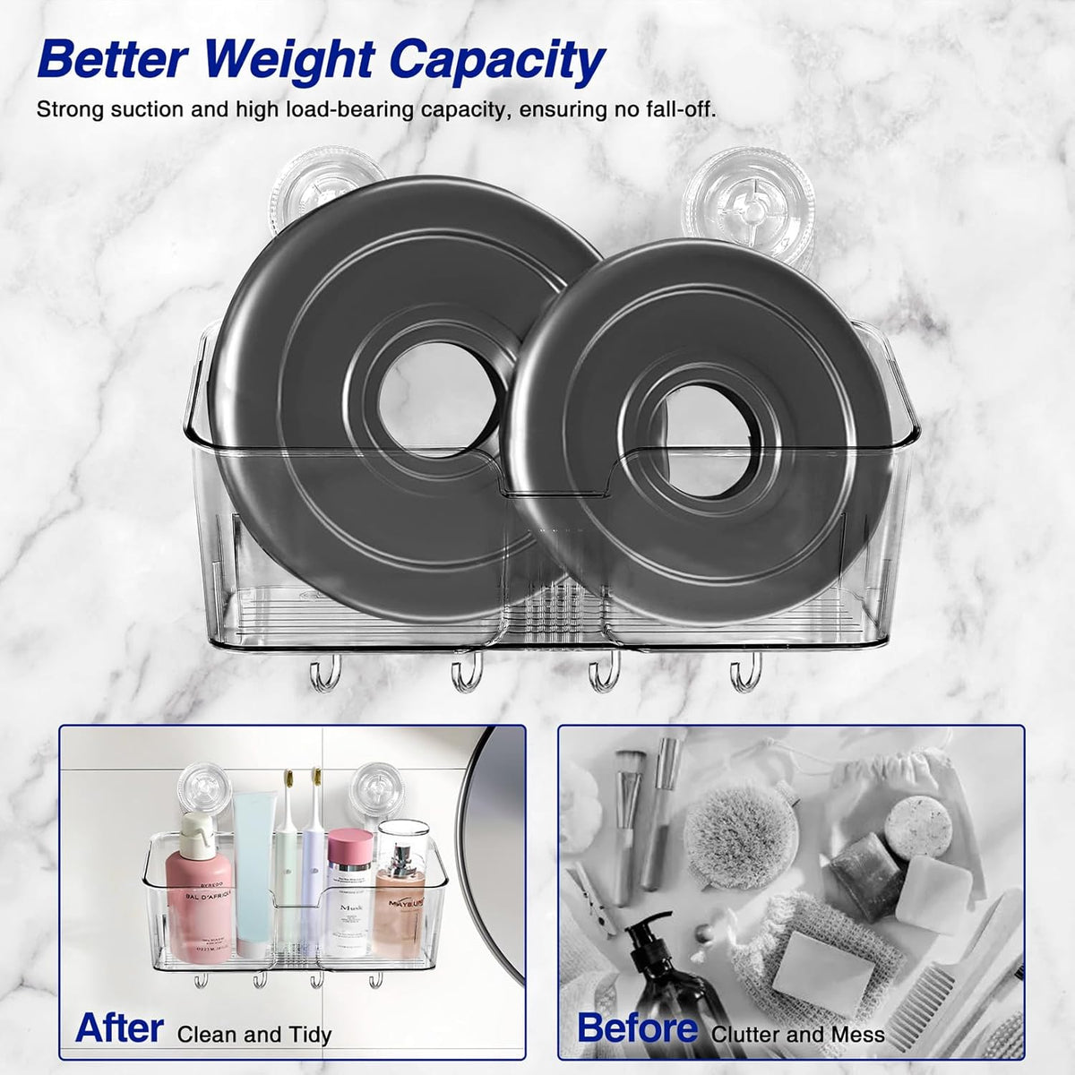 HYBRIDEAS Clear Shower Caddy Suction Cup Shelf Organizer with Hooks Removable Shower Basket Light Luxury Style Punch-Free Dorm Wall Storage Rack for Kitchen Bathroom Set of 3