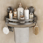 VOLPONE Corner Shower Caddy Suction Cup, 2 Pack Shower Shelves No Drilling, Showers Organizer Storage with Towel Bar & Removable Hooks, Bathroom Shower Shelf Rack for Inside Showers