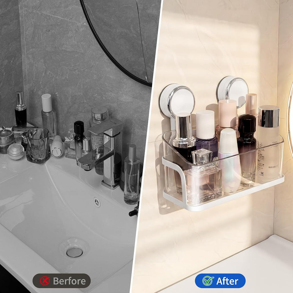 Shower Caddy Suction Cup, Bathroom Organizer Shelf | Removable, No Drilling Clear Square Shower Shelves, Large Capacity, Reusable