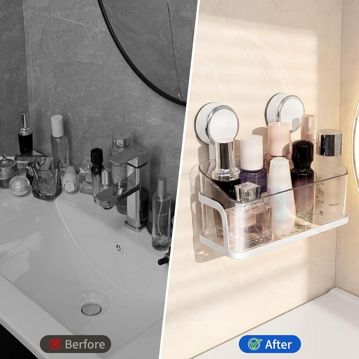 Shower Caddy Suction Cup, Bathroom Organizer Shelf | Removable, No Drilling Clear Square Shower Shelves, Large Capacity, Reusable