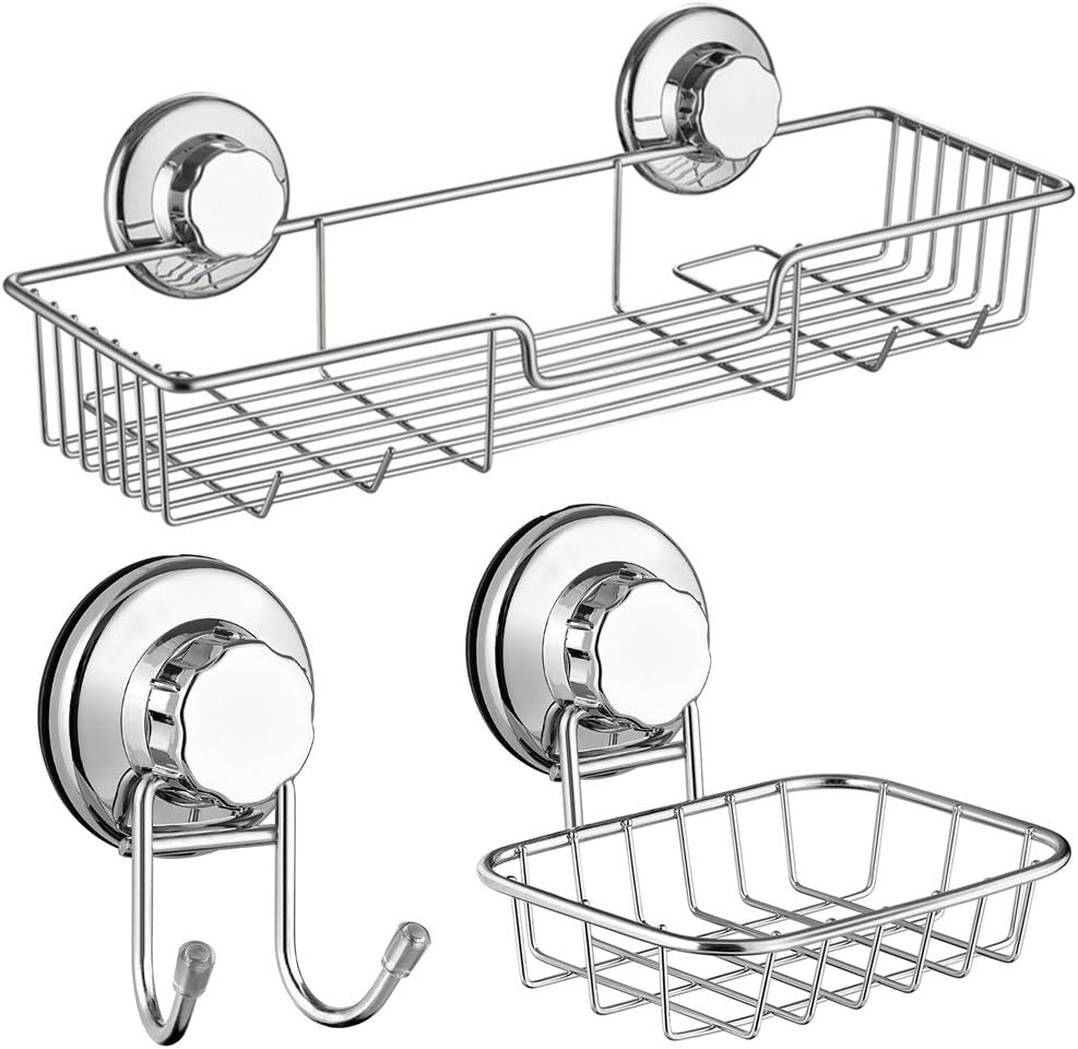 SANNO Suction cups Shower Caddy Soap Dish Double Bath Hook-Bath Organizer Kitchen Storage Basket for Shampoo, Conditioner, Soap- Anti Rust stainless steel (set of 3)