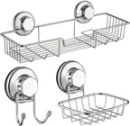 SANNO Suction cups Shower Caddy Soap Dish Double Bath Hook-Bath Organizer Kitchen Storage Basket for Shampoo, Conditioner, Soap- Anti Rust stainless steel (set of 3)