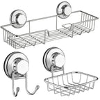SANNO Suction cups Shower Caddy Soap Dish Double Bath Hook-Bath Organizer Kitchen Storage Basket for Shampoo, Conditioner, Soap- Anti Rust stainless steel (set of 3)