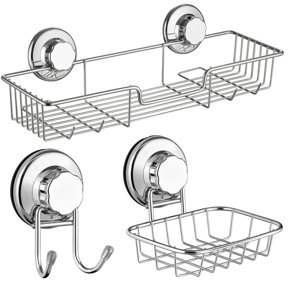 SANNO Suction cups Shower Caddy Soap Dish Double Bath Hook-Bath Organizer Kitchen Storage Basket for Shampoo, Conditioner, Soap- Anti Rust stainless steel (set of 3)
