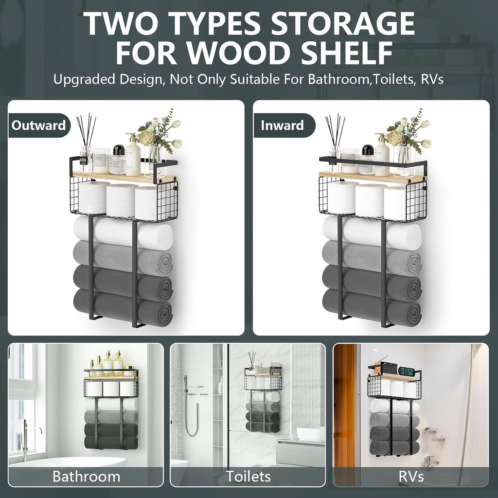 Xstydes Towel Racks for Bathroom, Metal Towel Holder with Storage Basket,Wall Towel Rack for Rolled Towels, Towel Storage for Small Bathroom.
