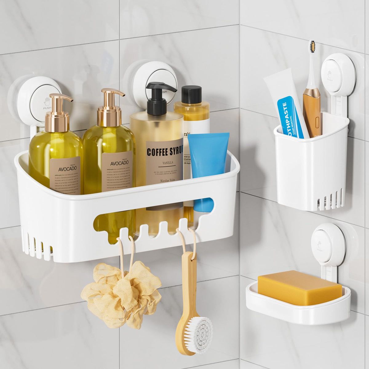 LEVERLOC Shower Caddy Suction Cup, 2 Pack Suction Shower Shelf With Hooks